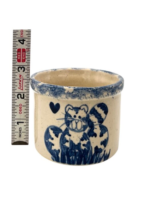 Hand-Painted Cat & Heart Crock Planter Pottery Spongeware Cottagecore 2.5"H - Picture 4 of 7